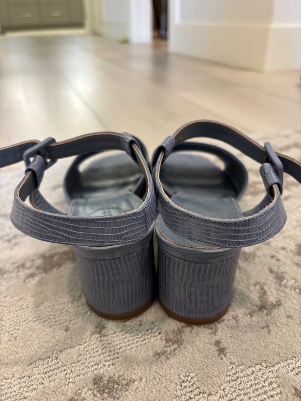 Everlane Slate Blue Lizard-Embossed Block Heel Sandals with Ankle Strap - Picture 3 of 9